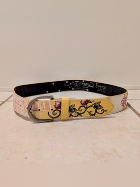 Real Y2K Vintage Ed Hardy Leather Tattoo Belt Yellow Rose Pattern